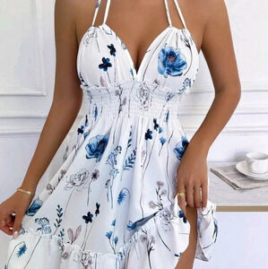 Summer Holiday Floral Print Halter Neck Backless Ruffle Hem Midi Dress With